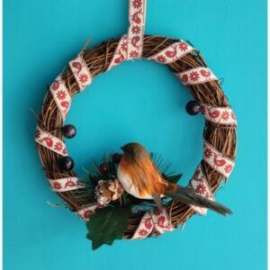 Christmas Robin Wreath with holly and berries, 20 cm