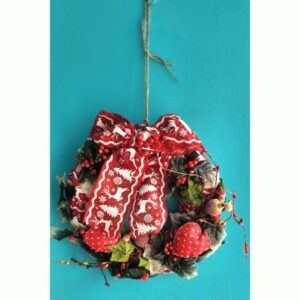 Heart Wreath with Bow,Hearts,Frosted apples and Holly, 26 cm