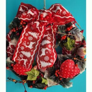 Heart Wreath with Bow,Hearts,Frosted apples and Holly, 26 cm