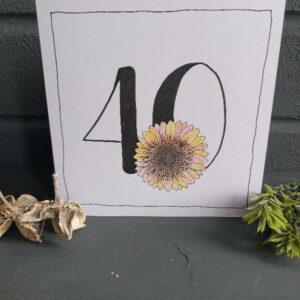 40th Birthday Card – Hand-Drawn Floral 5″ x 5″ with envelope