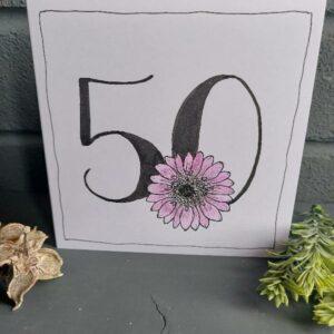 50th Birthday Card – Hand-Drawn floral illustration 5″ x 5″ with envelope