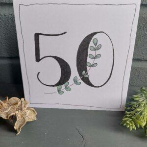 50th Birthday Card – Hand-Drawn leaf stem l 5″ x 5″ with envelope