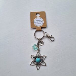 Handmade Blue Aqua Stone Flower Keyring with Resin Butterfly & Metal Flower Charms