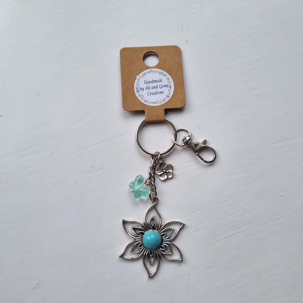 Handmade Blue Aqua Stone Flower Keyring with Resin Butterfly & Metal Flower Charms - Image 2