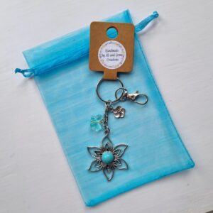 Handmade Blue Aqua Stone Flower Keyring with Resin Butterfly & Metal Flower Charms