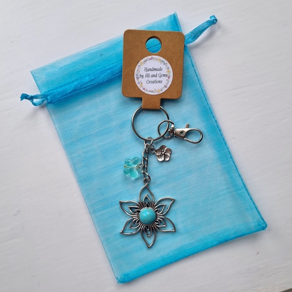 Handmade Blue Aqua Stone Flower Keyring with Resin Butterfly & Metal Flower Charms