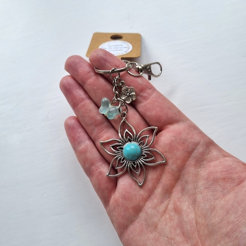 Handmade Blue Aqua Stone Flower Keyring with Resin Butterfly & Metal Flower Charms - Image 4