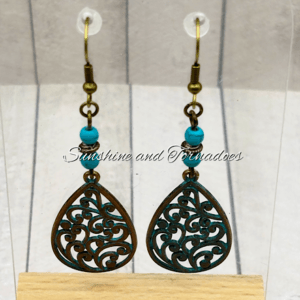Handmade Turquoise Bead Filigree Earrings | Boho Teardrop Earrings | Vintage Bronze Earrings | Gift for Her.