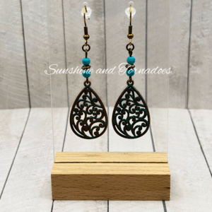 Handmade Turquoise Bead Filigree Earrings | Boho Teardrop Earrings | Vintage Bronze Earrings | Gift for Her.
