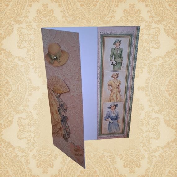 Card for a female with vintage fashion theme and Best Wishes sentiment with damask pink