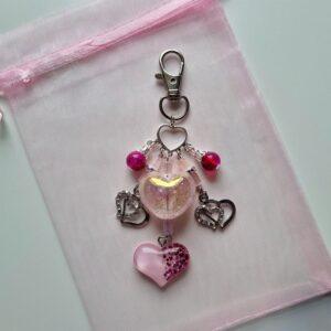 Handmade Pink Beaded Heart Bag Charm – Sparkling Accessory with Diamanté Charms