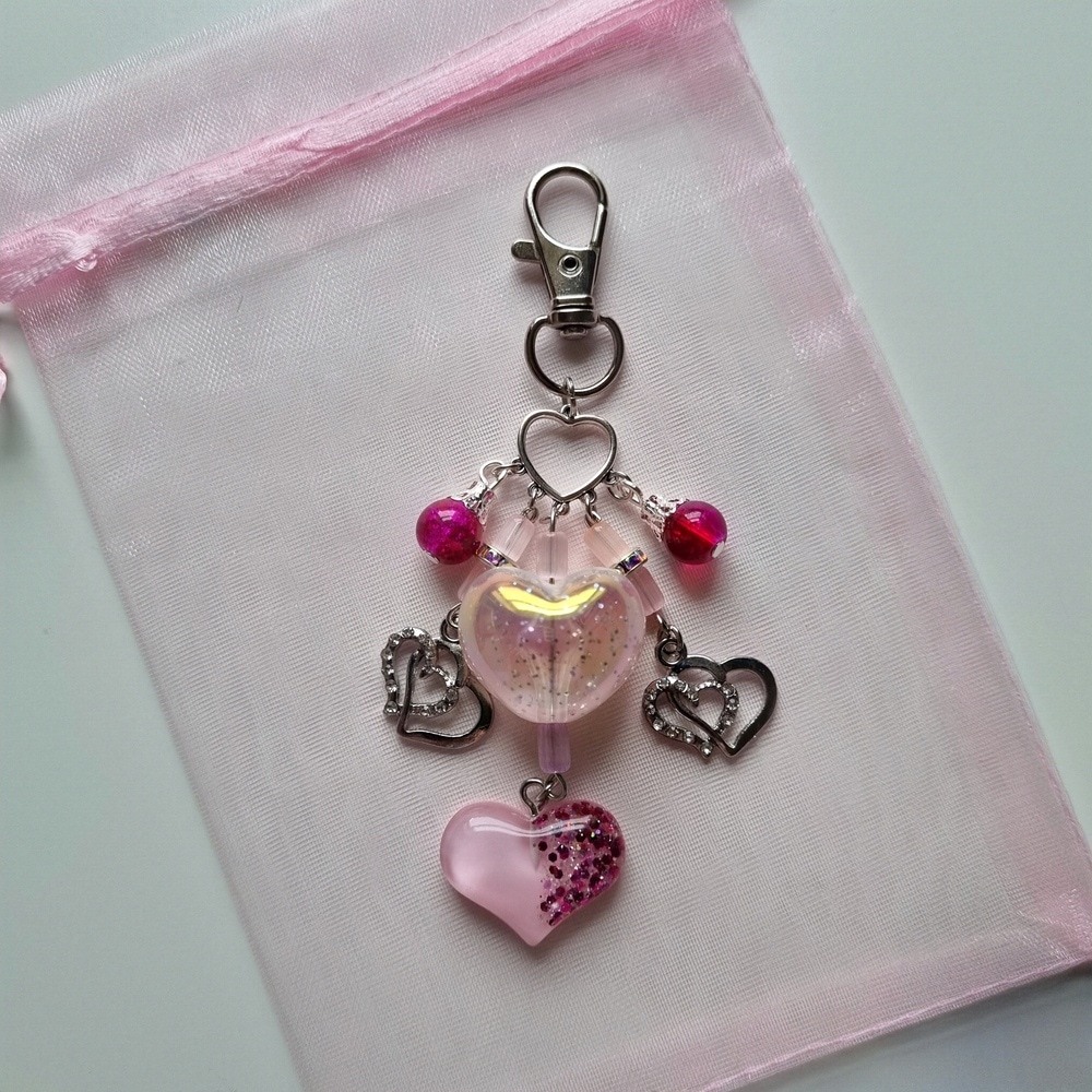 Handmade Pink Beaded Heart Bag Charm – Sparkling Accessory with Diamanté Charms - Image 2