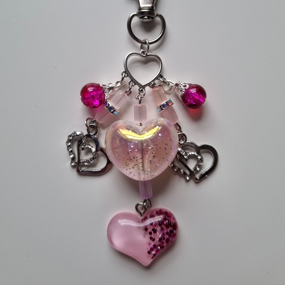 Handmade Pink Beaded Heart Bag Charm – Sparkling Accessory with Diamanté Charms - Image 4