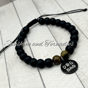 Dog Dad Adjustable Bracelet – Matte Obsidian & Tiger’s Eye Beaded Bracelet, Stainless Steel Dog Dad Charm, Men’s Crystal Bracelet, Pet Lover Gift.