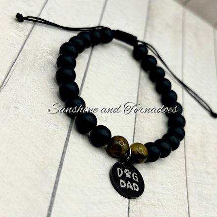 Dog Dad Adjustable Bracelet – Matte Obsidian & Tiger’s Eye Beaded Bracelet, Stainless Steel Dog Dad Charm, Men's Crystal Bracelet, Pet Lover Gift. - Image 2
