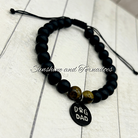 Dog Dad Adjustable Bracelet – Matte Obsidian & Tiger’s Eye Beaded Bracelet, Stainless Steel Dog Dad Charm, Men's Crystal Bracelet, Pet Lover Gift. - Image 3