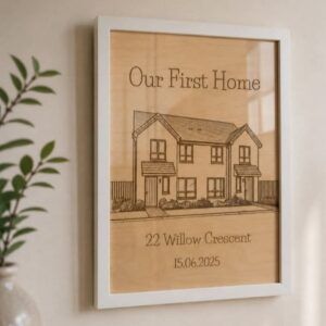 Personalised First Home Wooden Engraved Print | Custom House Portrait Plaque | New Home Gift for Couple | Housewarming Keepsake | Framed A4