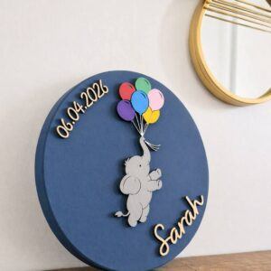 Personalized Baby Name Sign with Birth Date, Elephant Nursery Decor, Custom Wooden Name Sign, Baby Name Plaque, Newborn Gift