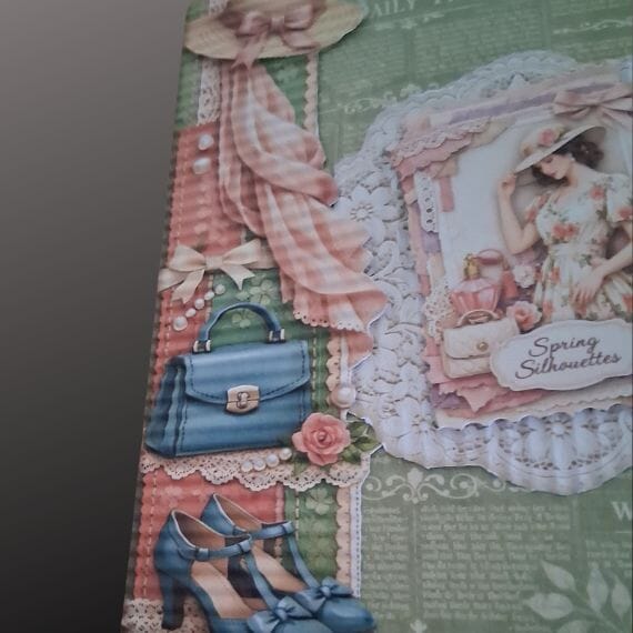 Fashion themed greeting card for a female celebrate a birthday etc close up of fashion accessory border showing shoes ,handbag and hat all hand cut