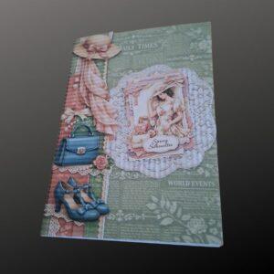 Fashion themed greeting card for a female to celebrate a birthday etc. green colour base paper with news items