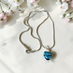 Ocean Tones Lamp Work Heart Pendant With Stainless Steel Snake Chain