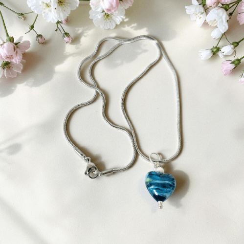 Ocean Tones Lamp Work Heart Pendant With Stainless Steel Snake Chain