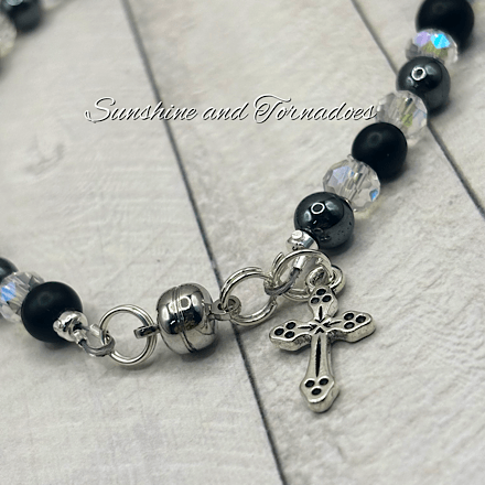 Handmade Obsidian & Haematite Cross Bracelet | Matte Black Gemstone Bracelet | Czech Crystal Beaded Bracelet |Jewellery Gift - Image 5