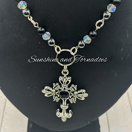 Gothic Cross Necklace, Obsidian & Heamatite Beaded Necklace, Czech Crystal Chain Necklace, Gothic Jewellery, Alternative Fashion, Witchy Necklace Gift. - Image 4