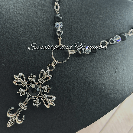 Gothic Cross Necklace, Obsidian & Heamatite Beaded Necklace, Czech Crystal Chain Necklace, Gothic Jewellery, Alternative Fashion, Witchy Necklace Gift. - Image 3