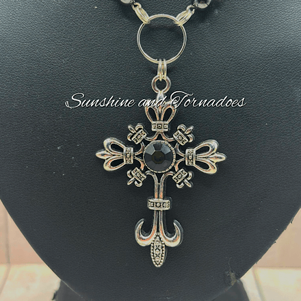 Gothic Cross Necklace, Obsidian & Heamatite Beaded Necklace, Czech Crystal Chain Necklace, Gothic Jewellery, Alternative Fashion, Witchy Necklace Gift. - Image 2