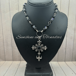 Gothic Cross Necklace, Obsidian & Heamatite Beaded Necklace, Czech Crystal Chain Necklace, Gothic Jewellery, Alternative Fashion, Witchy Necklace Gift.