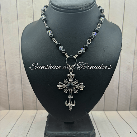 Gothic Cross Necklace, Obsidian & Heamatite Beaded Necklace, Czech Crystal Chain Necklace, Gothic Jewellery, Alternative Fashion, Witchy Necklace Gift.