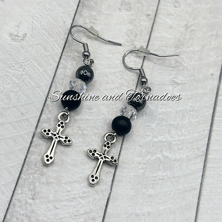 Handmade Obsidian, Hematite & Czech Crystal Cross Earrings | Gothic Gemstone Earrings | Stainless Steel Ear Wires - Image 5