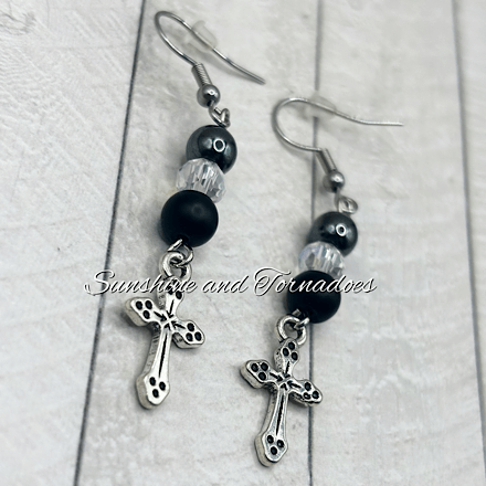 Handmade Obsidian, Hematite & Czech Crystal Cross Earrings | Gothic Gemstone Earrings | Stainless Steel Ear Wires - Image 4