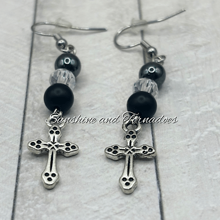 Handmade Obsidian, Hematite & Czech Crystal Cross Earrings | Gothic Gemstone Earrings | Stainless Steel Ear Wires - Image 3