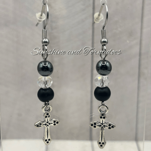 Handmade Obsidian, Hematite & Czech Crystal Cross Earrings | Gothic Gemstone Earrings | Stainless Steel Ear Wires