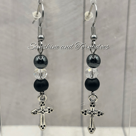Handmade Obsidian, Hematite & Czech Crystal Cross Earrings | Gothic Gemstone Earrings | Stainless Steel Ear Wires - Image 2