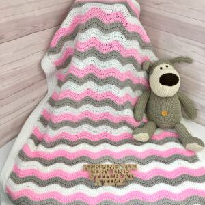 Handmade Crocheted Ripple Baby Blanket in Pink, Gray, and White