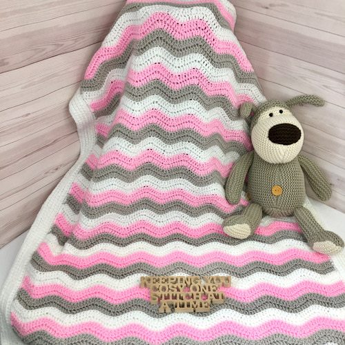 Handmade Crocheted Ripple Baby Blanket in Pink, Gray, and White