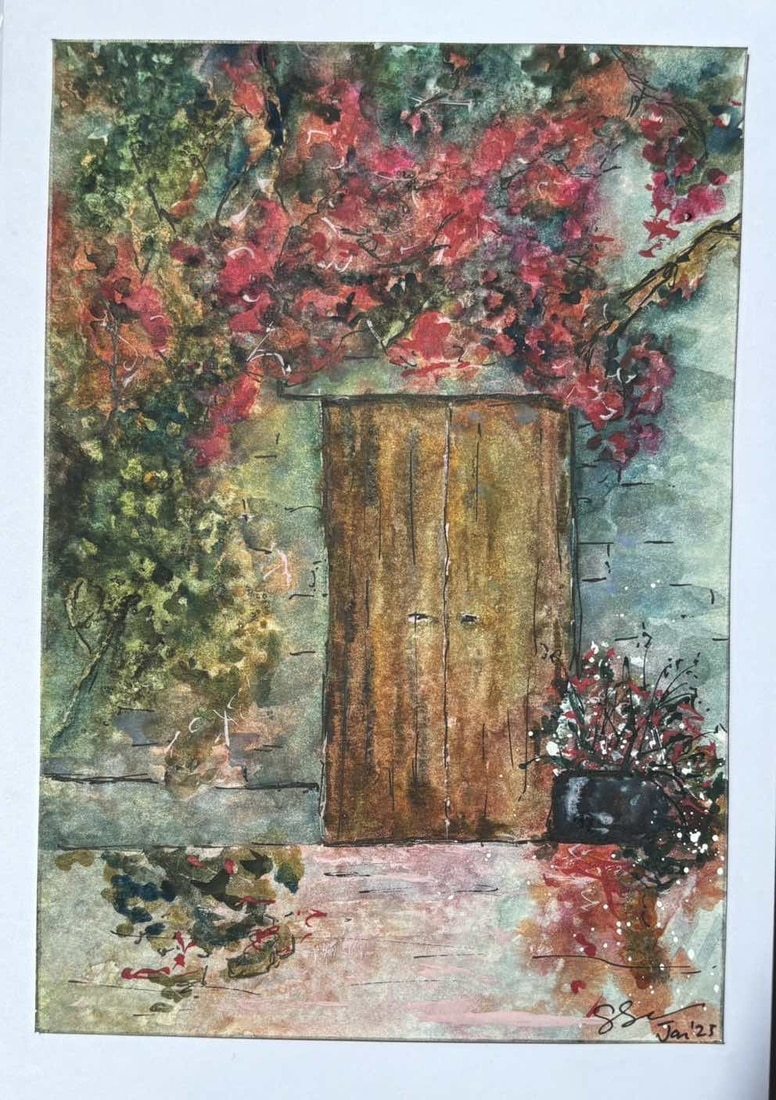 The brown door : beautiful original watercolour on A5 sized blank card
