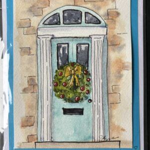 Hand-Painted Blank Card Featuring Turquoise Door with Wreath