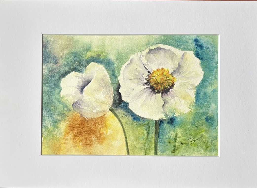 Original Watercolour Anemone Flower Painting with A4 Mount