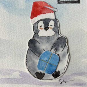 Adorable Watercolor Penguin with Santa Hat & Christmas Gift