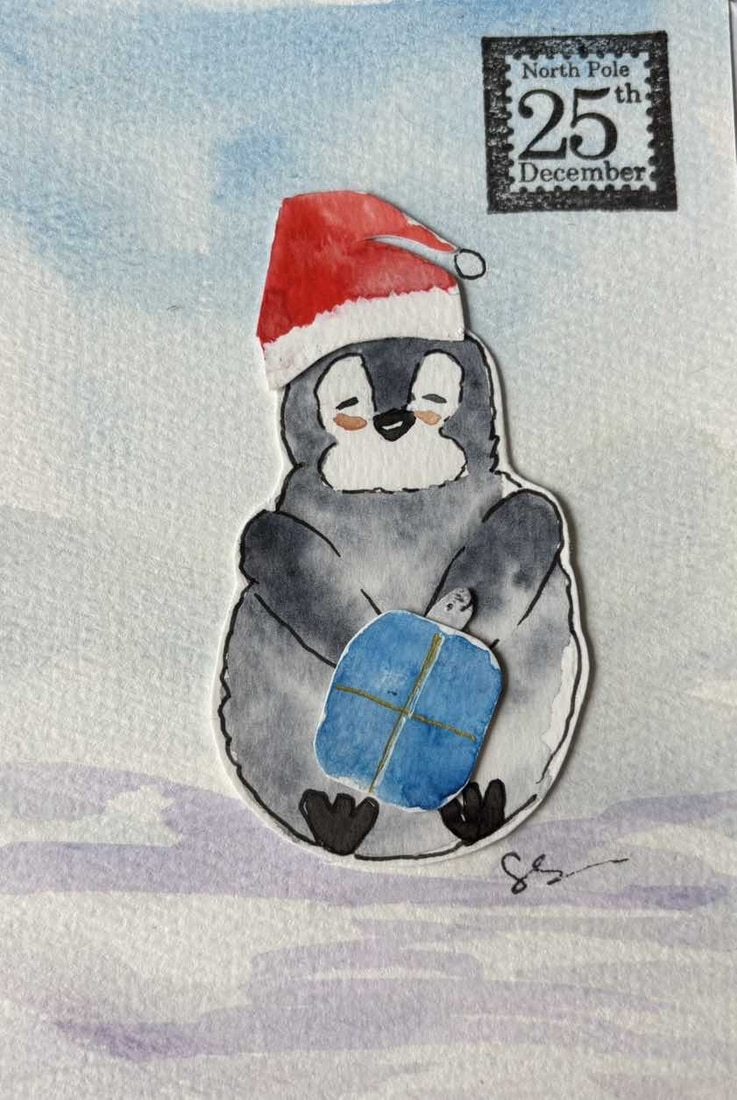 Adorable Watercolor Penguin with Santa Hat & Christmas Gift