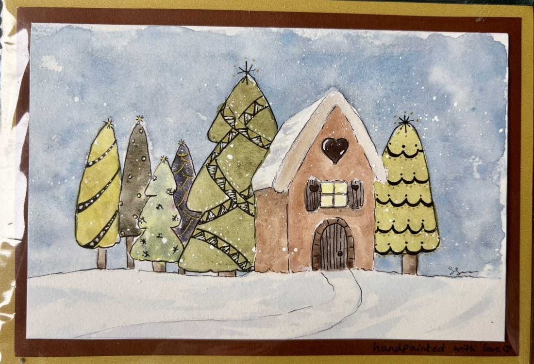 Charming Christmas Card with Tree Decorations & Gingerbread House