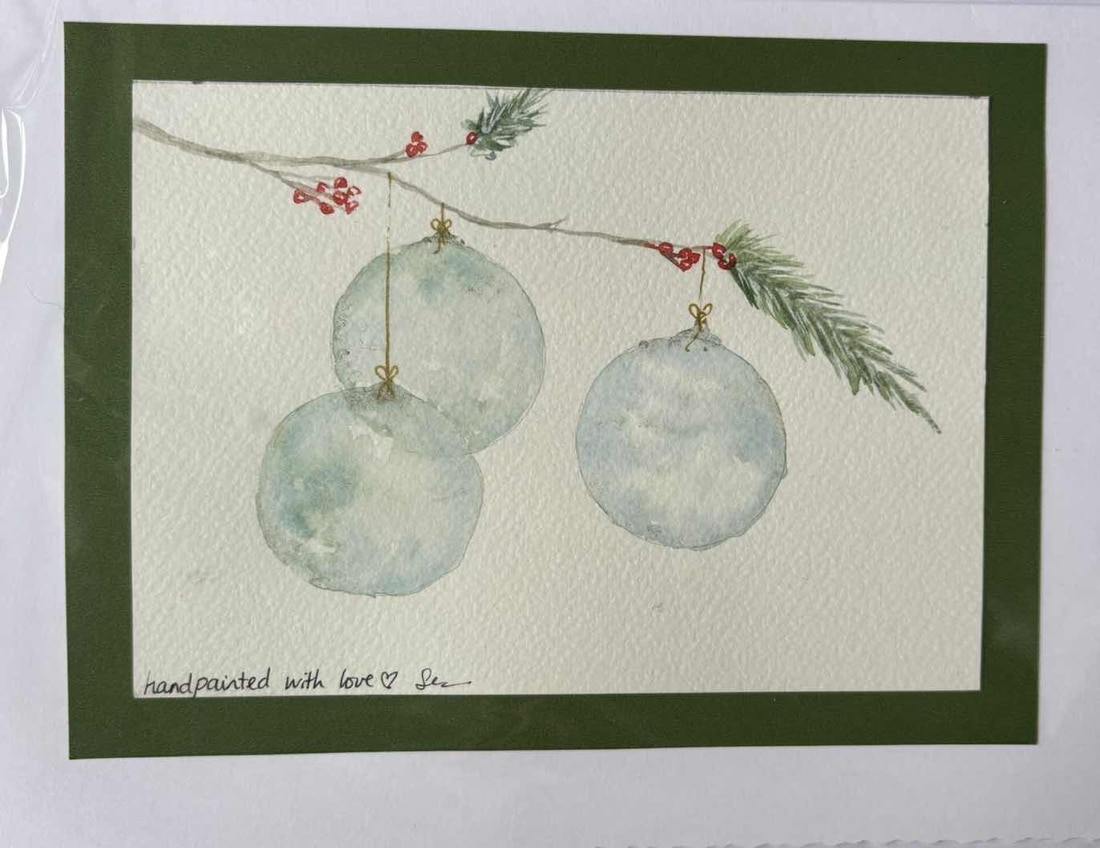 Hand-Painted Watercolor Christmas Card with Glass baubles