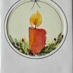 Hand-Painted Christmas Card with Candle and Greenery Design