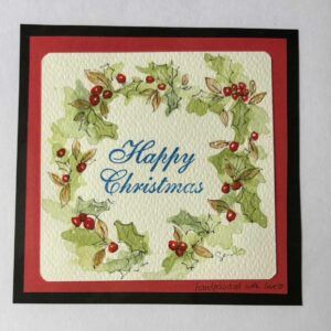 Hand-Painted Square Holly Wreath Christmas Card with Blank Interior