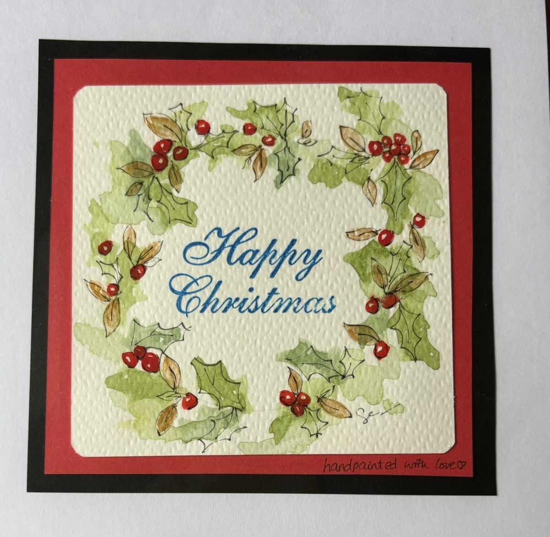 Hand-Painted Square Holly Wreath Christmas Card with Blank Interior