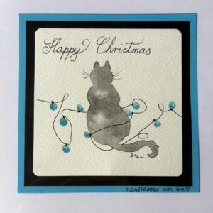 Charming Black Cat Christmas Card with Turquoise Lights